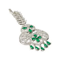 Aatmana Silver-Plated & Green American Diamond & White Handcrafted Maang Tikka for Women & Girls image 5