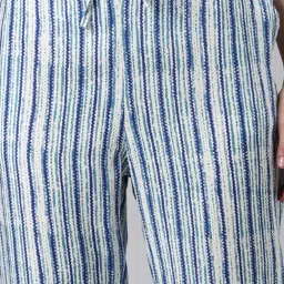 showoffff SHOWOFF White & Blue Cotton Striped Mid Rise Trousers image 5