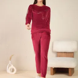 Sweet Dreams Maroon Fleece Color-Block Full Sleeves Top and Pyjama image 1