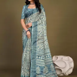 Saree Mall Blue Silk Printed Saree With Unstitched Blouse image 1