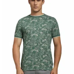Louis Philippe Green Cotton Slim Fit Floral Print T-Shirt-image-30
