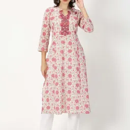 Saffron Threads White & Pink Floral Print Straight Kurta image 1
