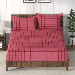 Nautica Bristol Checks Red 150 TC King Bedsheet with 2 Pillow Covers image 1