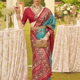 Elora Blue Printed Saree With Unstitched Blouse image 1