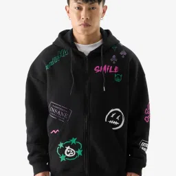 The Souled Store Official Joker: Wanted! Black Graphic Print Oversized Hooded Sweatshirt image 1