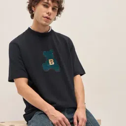 The Bear House Black Cotton Oversized Self Design T-Shirt-image-38