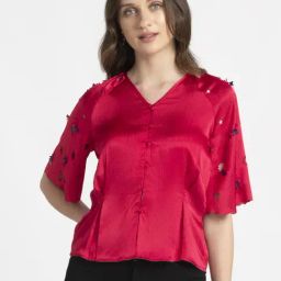 SHAYE Pink Cut Work Collarless Shirt-picture-38