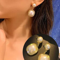 GOLDIWALA Korean Gold-Plated Stones Studded & Pearls Beaded Square Shaped Drop Earrings image 3