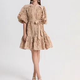 JC Collection Women Self Design Mandarin Collar Tie-Ups Fit & Flare Dress image 2