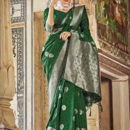 Satrani Green & Golden Woven Saree With Unstitched Blouse-picture-11