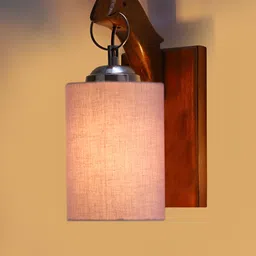 Devansh Brown & Pink Wooden Cylinder Shaped Wall Lamp With Cotton Shade image 3