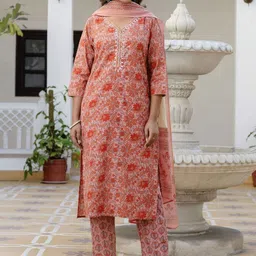 Kohsh Floral Printed V-Neck Pure Cotton Kurta With Trousers & Dupatta-picture-42