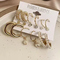 Honbon Set Of 9 Gold-Plated Pearls Beaded Circular Shape Hoops-picture-41