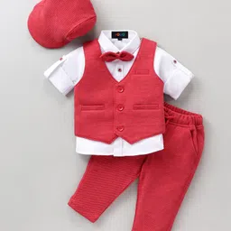 Robo Fry Full Sleeves Solid Color Party Suit with Bow and Cap - Pink White-picture-26