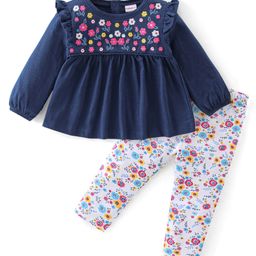 Babyhug Full Sleeves Top & Leggings Set with Floral Embroidery - Navy Blue-picture-10