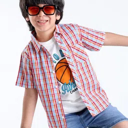 Babyhug 100% Cotton Woven Half Sleeves Regular Collar Check Shirt with Ball Print T-Shirt-Multicolour-picture-16