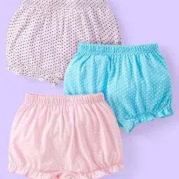 Babyhug 100% Cotton Knit Polka Dots Printed Bloomers Pack of 3 - Pink Blue & White-picture-17