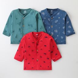 Zero Interlock Cotton Sinker Knit Full Sleeves Front Open Vests With Animals Print Pack of 3 - Green Blue & Wine-picture-44