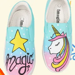 IMAGINO Magic Text & Unicorn Hand Painted Slip On Shoes - Aqua Blue image 1