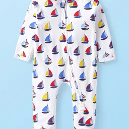 Babyhug Cotton Knit Full Sleeves Footed Sleepsuit with Sailboat Print - White-image-97