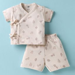 Zero Sinker Knit Half Sleeves Shorts Co-Ord Night Suit With Animal Print - Cream-picture-17