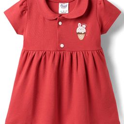 Simply Interlock Knit Half Sleeves Peter Pan Collar Frock With Bunny Print - Red-picture-10
