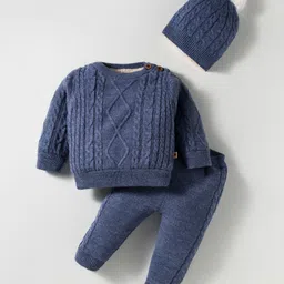 Yellow Apple Knitted Full Sleeves Pullover Sweater Set With Cap & Cable Knit Design - Navy Blue-picture-25