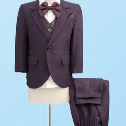 Robo Fry Cotton Knit Full Sleeves 4 Piece Textured Party Suit With A Bow - Wine image 1