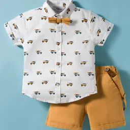 ToffyHouse Cotton Woven Half Sleeves Jeep Printed Party Shirt & Shorts Set With Bow & Suspender - Golden & White-picture-35