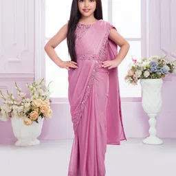 Tiny Kingdom Georgette Woven Sleeveless Sequin Embellished & Floral Embroidered Blouse & Saree With Belt Set - Pink-picture-14