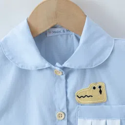 Mark & Mia Half Sleeves Solid Colour Collared Front Open Romper with Crocodile Patch - Light Blue image 3