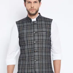 Crimsoune Club Grey Slim Fit Checks Reversible Nehru Jacket image 1