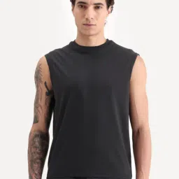 Rare Rabbit Nats Black Viscose Regular Fit Plain Stretchable Sleeveless Vest-picture-17