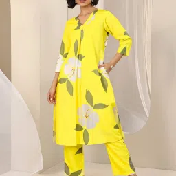 Libas Yellow Floral Printed Front Pleat Kurta With Floral Printed Trouser Co-ord Set image 1