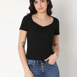 Spykar Black Solid T-Shirt image 1