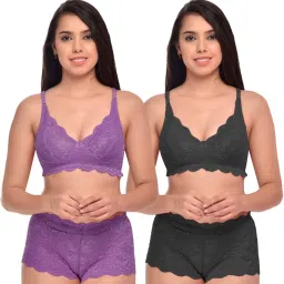 AROUSY Purple & Black Self Pattern Bra Panty Set - Pack Of 2 image 1