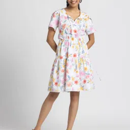 SHAYE White Round Neck Floral Print Short Sleeves Casual Dress For Women image 1