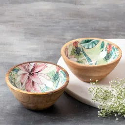 Nestroots Green Flamingo Bowls Snacks Mixing Bowls for Kitchen Printed Wooden Desert Bowls image 1