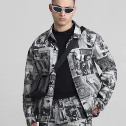 Jack & Jones Black Denim Cotton Regular Fit Printed Jackets image 1