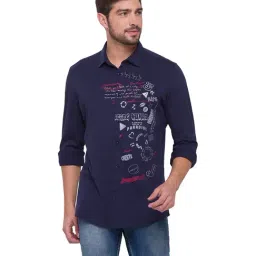 Being Human Navy Slim Fit Cotton Shirt-image-0