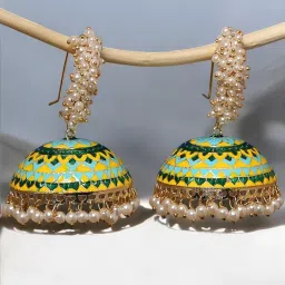 OOMPH Green & Yellow Meenakari Large Jhumka Earrings For Women image 1