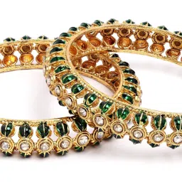 Karatcart Antique Gold-Plated Green Kundan Rajwadi Bangles for Women - Set of 2 image 5