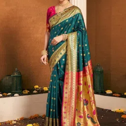 Satrani Green Silk Woven Saree With Unstitched Blouse image 1