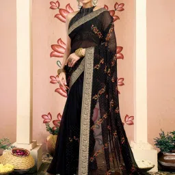 Satrani Black Georgette Embroidered Saree With Unstitched Blouse image 1