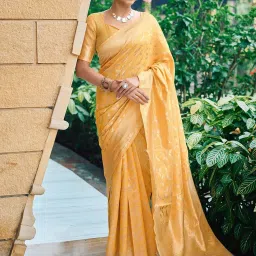 Satrani Yellow Silk Blend Woven Saree With Unstitched Blouse image 1