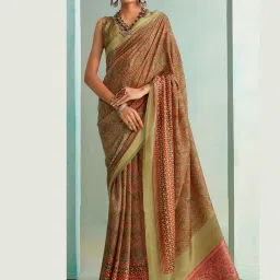 Satrani Green Silk Blend Printed Saree With Unstitched Blouse image 1