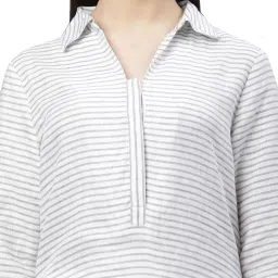 Linen Club Woman White & Grey Linen Striped A Line Kurta image 5