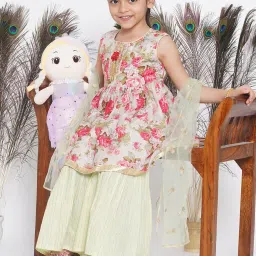 Little Bansi Kids Light Green Floral Print Kurta, Sharara with Dupatta image 5