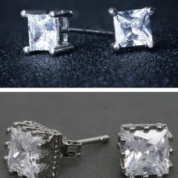 OOMPH Silver Tone Square Cubic Zirconia Delicate Fashion Stud Earrings - Set of 2 image 1