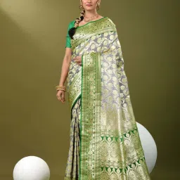 CHARUKRITI Green Silk Zari Saree With Unstitched Blouse image 1